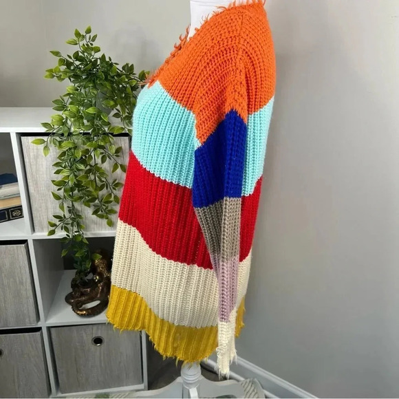 Dress Up Colorful Striped Tunic Sweater V Neck Frayed Trim Size S - Picture 7 of 11